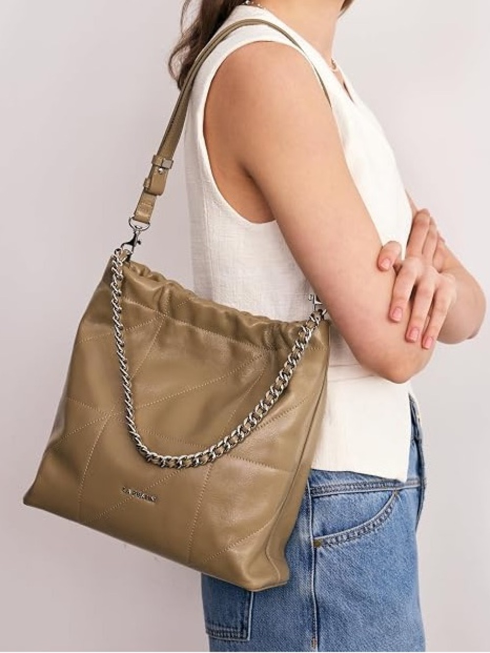 La Festin Split Leather Adjustable Quilted Olive Fog Green Shoulder Bag